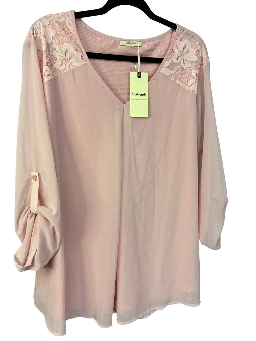 Blush Pink Lace-Shoulder V-Neck Blouse